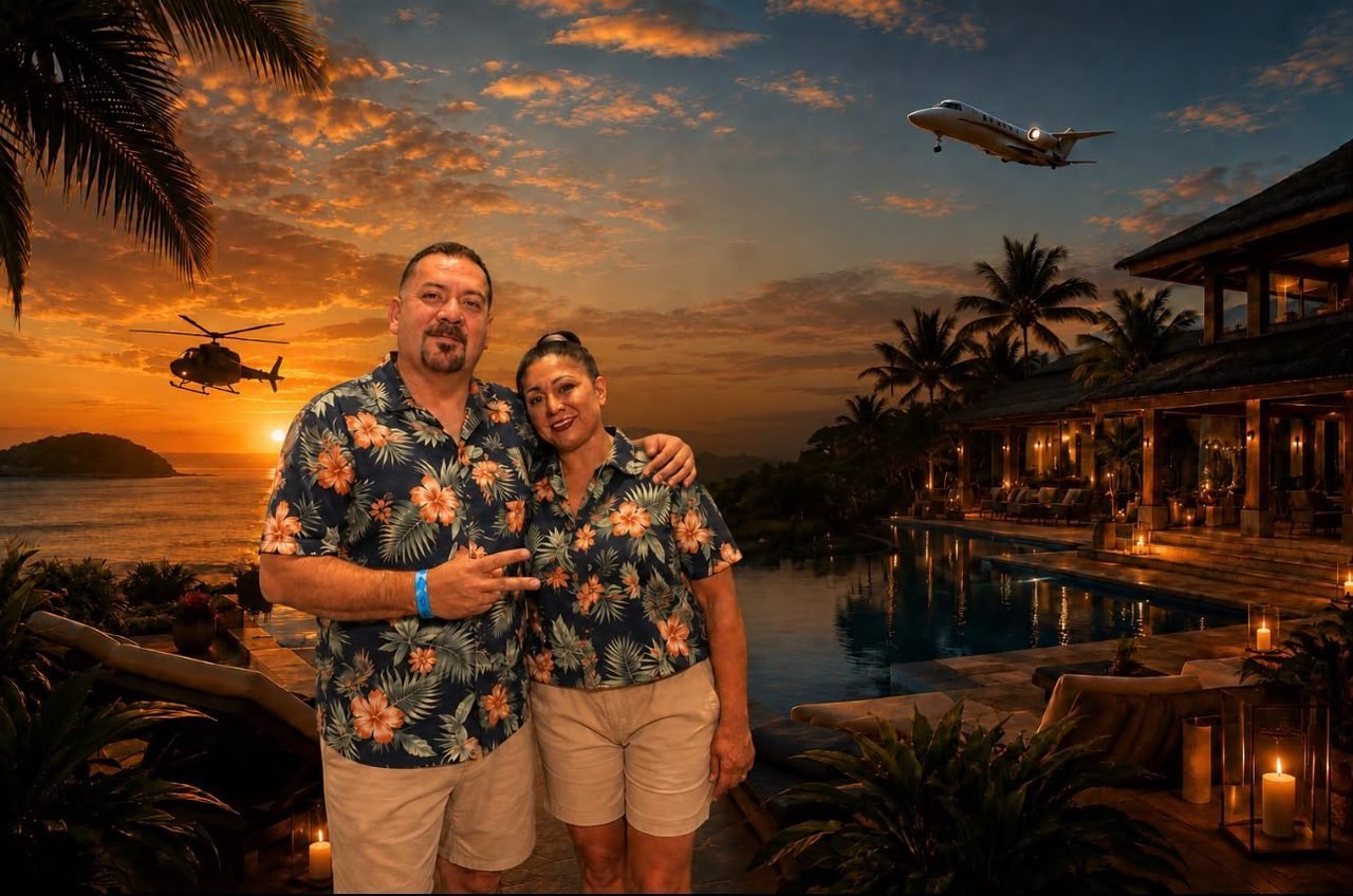 Jaime Ochoa and partner at a resort overlooking the ocean at sunset